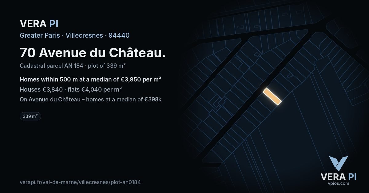 70 Avenue du Château, Villecresnes at night – the plot lit, the parcels around coloured by the prices near them