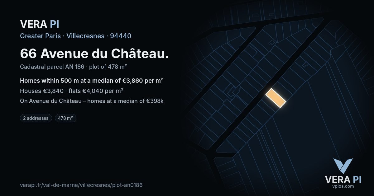 66 Avenue du Château, Villecresnes at night – the plot lit, the parcels around coloured by the prices near them