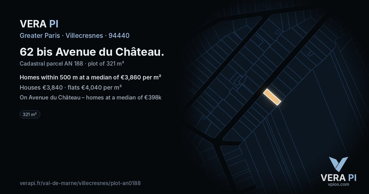 62 bis Avenue du Château, Villecresnes at night – the plot lit, the parcels around coloured by the prices near them