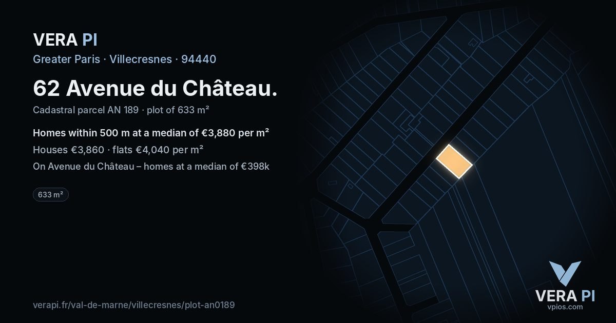 62 Avenue du Château, Villecresnes at night – the plot lit, the parcels around coloured by the prices near them