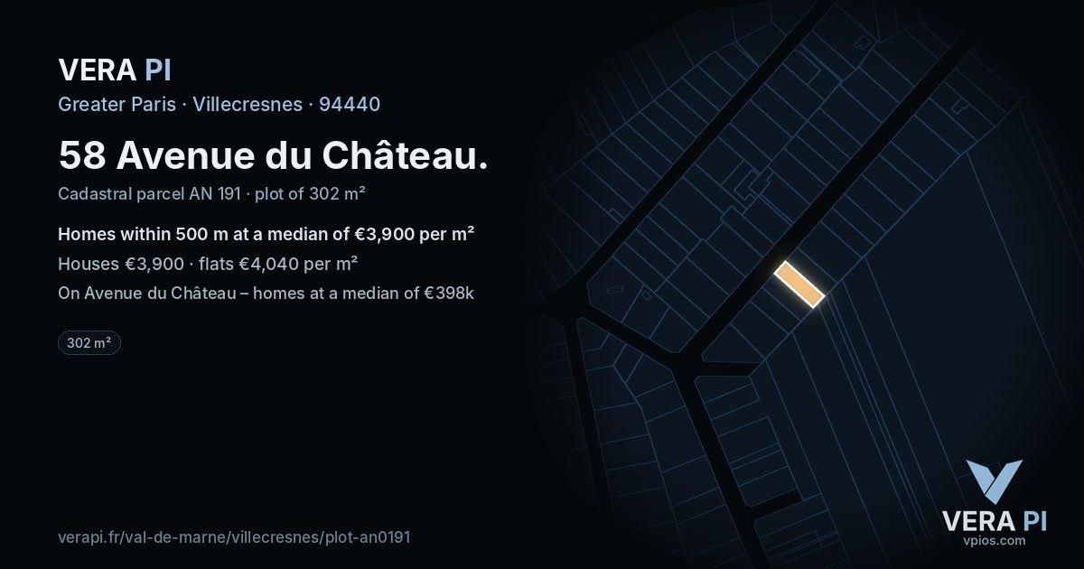 58 Avenue du Château, Villecresnes at night – the plot lit, the parcels around coloured by the prices near them