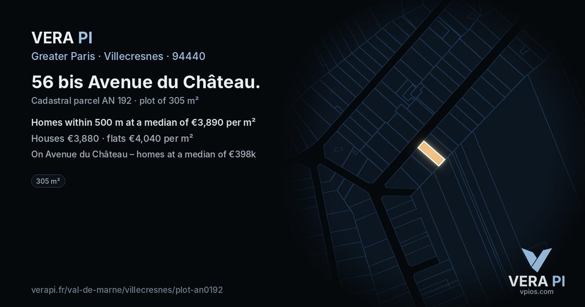 56 bis Avenue du Château, Villecresnes at night – the plot lit, the parcels around coloured by the prices near them
