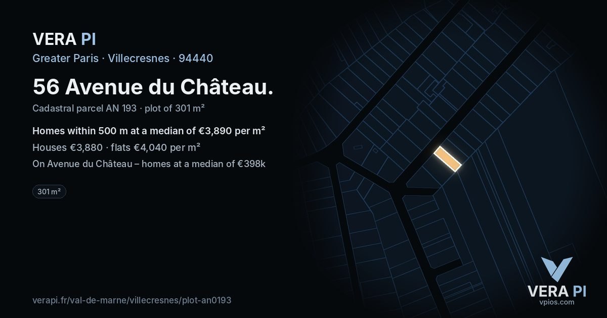 56 Avenue du Château, Villecresnes at night – the plot lit, the parcels around coloured by the prices near them