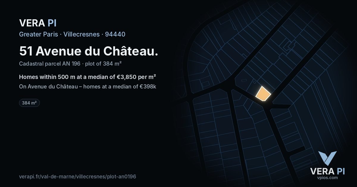 51 Avenue du Château, Villecresnes at night – the plot lit, the parcels around coloured by the prices near them