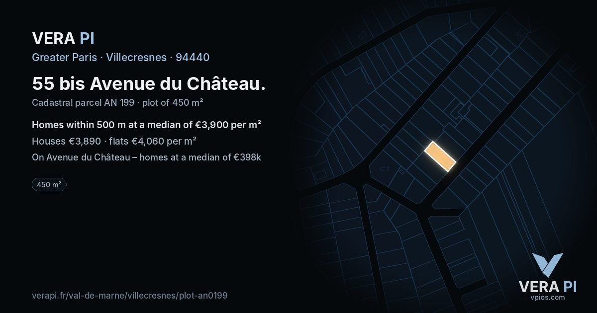 55 bis Avenue du Château, Villecresnes at night – the plot lit, the parcels around coloured by the prices near them