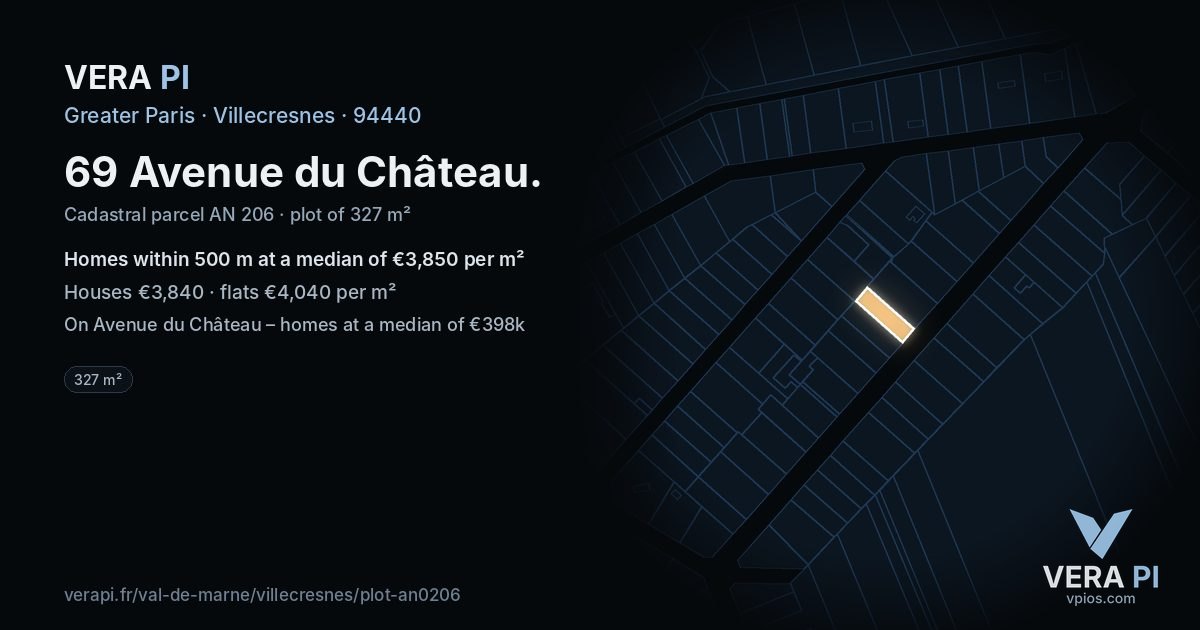 69 Avenue du Château, Villecresnes at night – the plot lit, the parcels around coloured by the prices near them