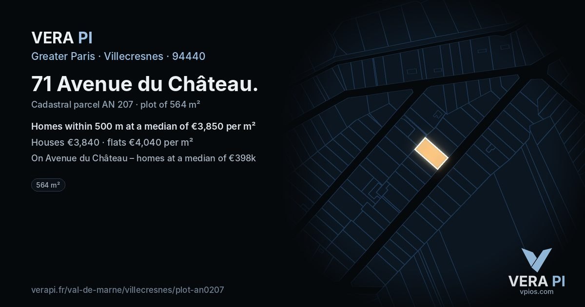 71 Avenue du Château, Villecresnes at night – the plot lit, the parcels around coloured by the prices near them