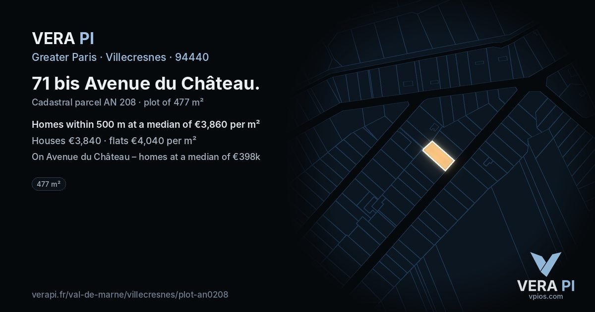 71 bis Avenue du Château, Villecresnes at night – the plot lit, the parcels around coloured by the prices near them