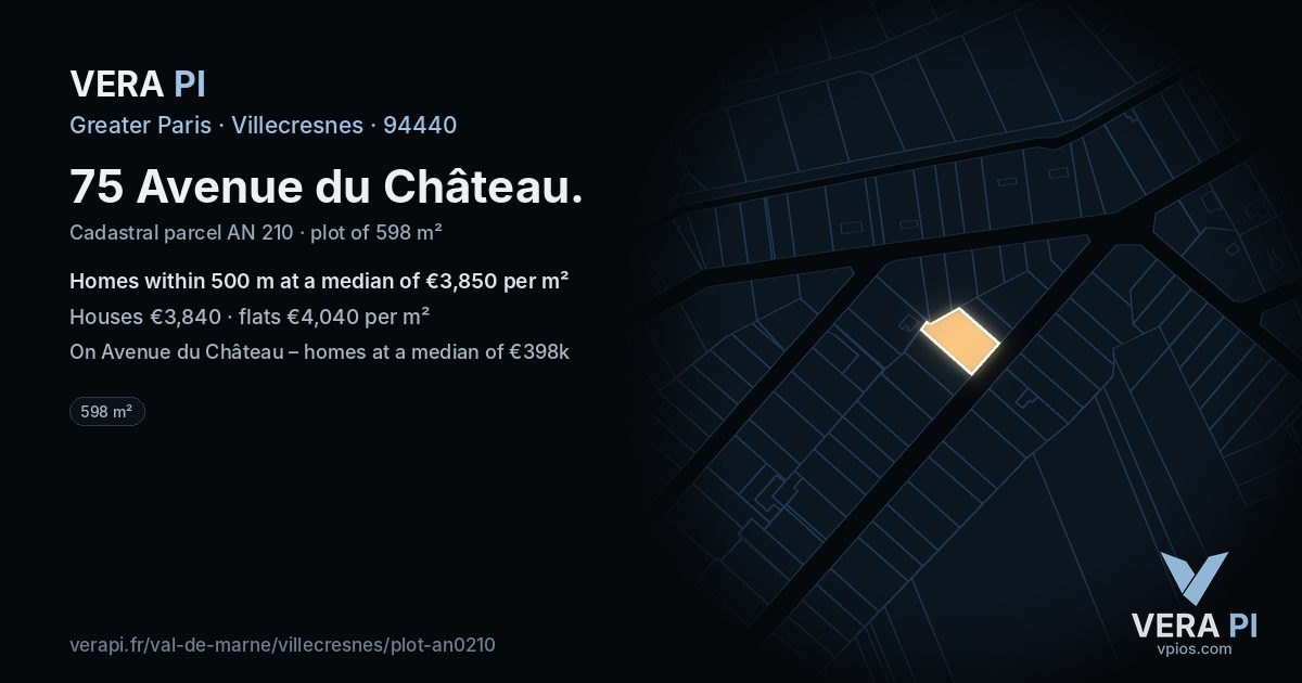 75 Avenue du Château, Villecresnes at night – the plot lit, the parcels around coloured by the prices near them