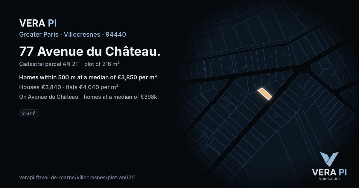 77 Avenue du Château, Villecresnes at night – the plot lit, the parcels around coloured by the prices near them