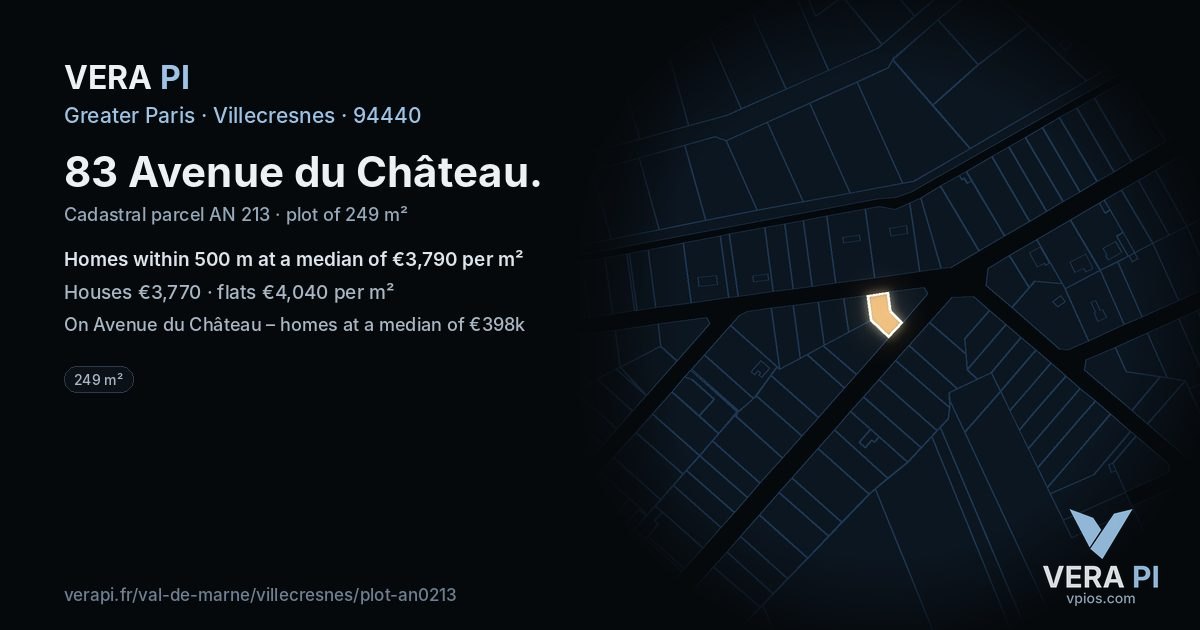 83 Avenue du Château, Villecresnes at night – the plot lit, the parcels around coloured by the prices near them