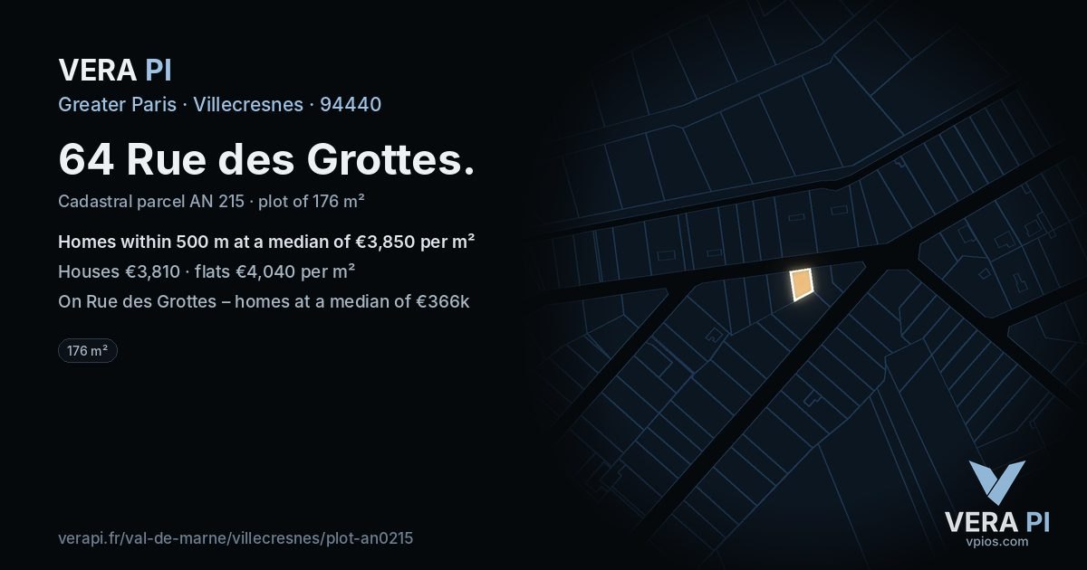 64 Rue des Grottes, Villecresnes at night – the plot lit, the parcels around coloured by the prices near them