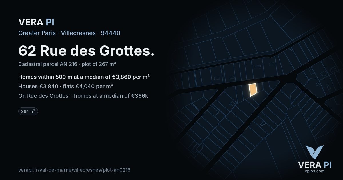 62 Rue des Grottes, Villecresnes at night – the plot lit, the parcels around coloured by the prices near them