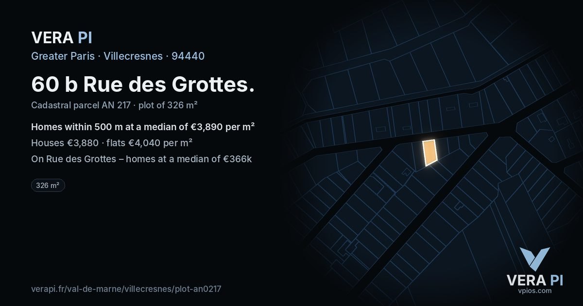 60 b Rue des Grottes, Villecresnes at night – the plot lit, the parcels around coloured by the prices near them