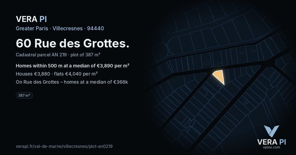 60 Rue des Grottes, Villecresnes at night – the plot lit, the parcels around coloured by the prices near them