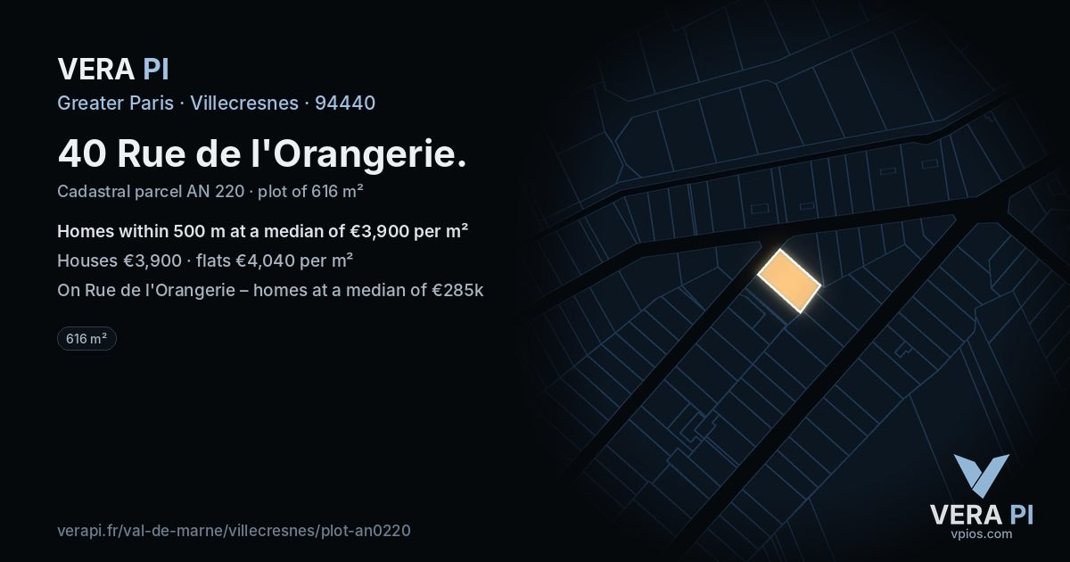 40 Rue de l'Orangerie, Villecresnes at night – the plot lit, the parcels around coloured by the prices near them