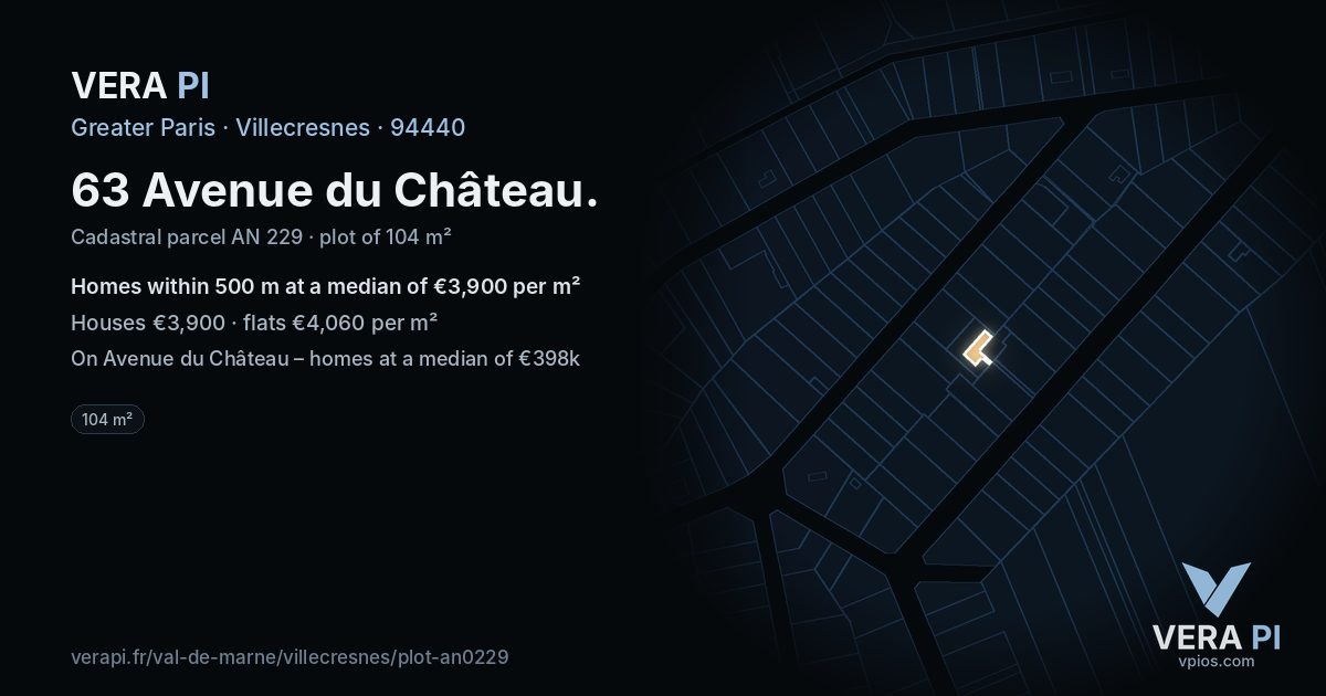 63 Avenue du Château, Villecresnes at night – the plot lit, the parcels around coloured by the prices near them