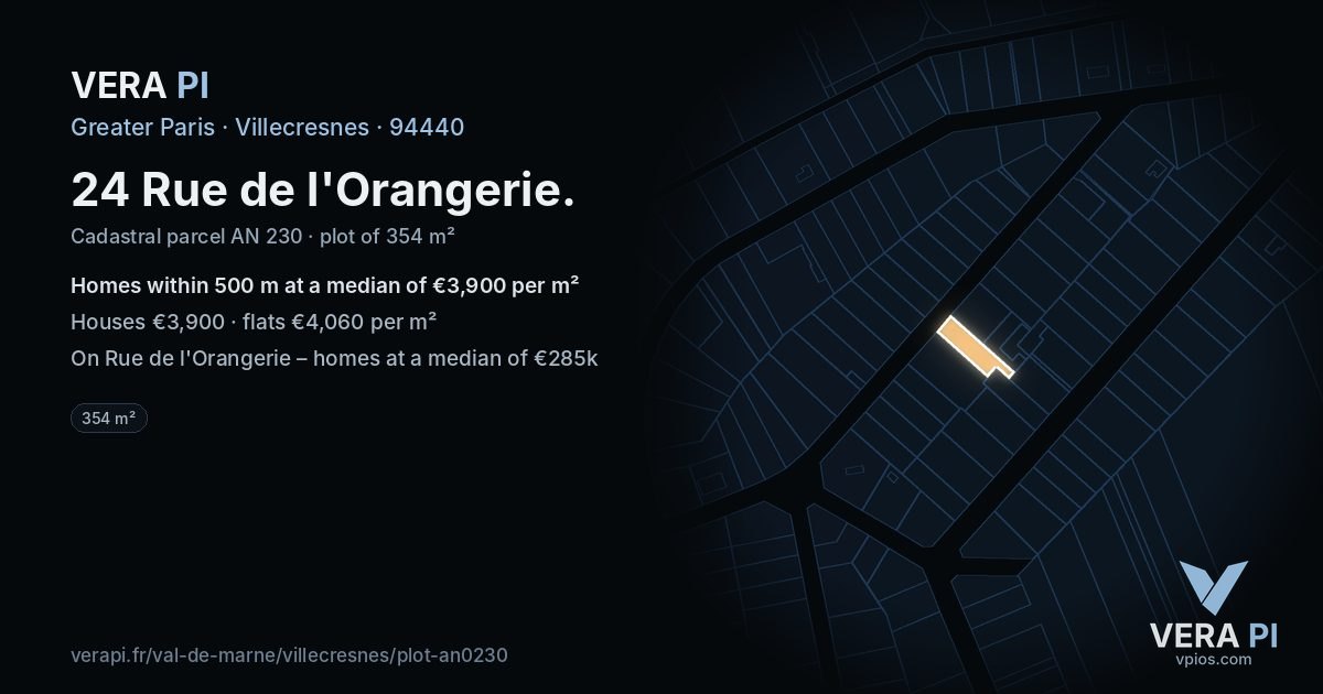 24 Rue de l'Orangerie, Villecresnes at night – the plot lit, the parcels around coloured by the prices near them