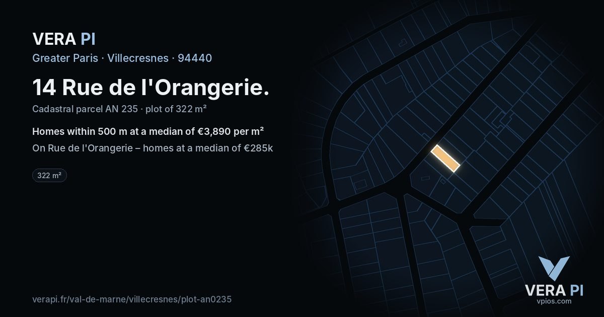 14 Rue de l'Orangerie, Villecresnes at night – the plot lit, the parcels around coloured by the prices near them