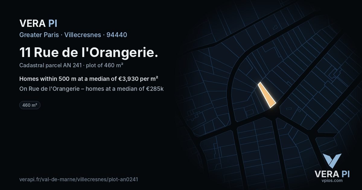 11 Rue de l'Orangerie, Villecresnes at night – the plot lit, the parcels around coloured by the prices near them