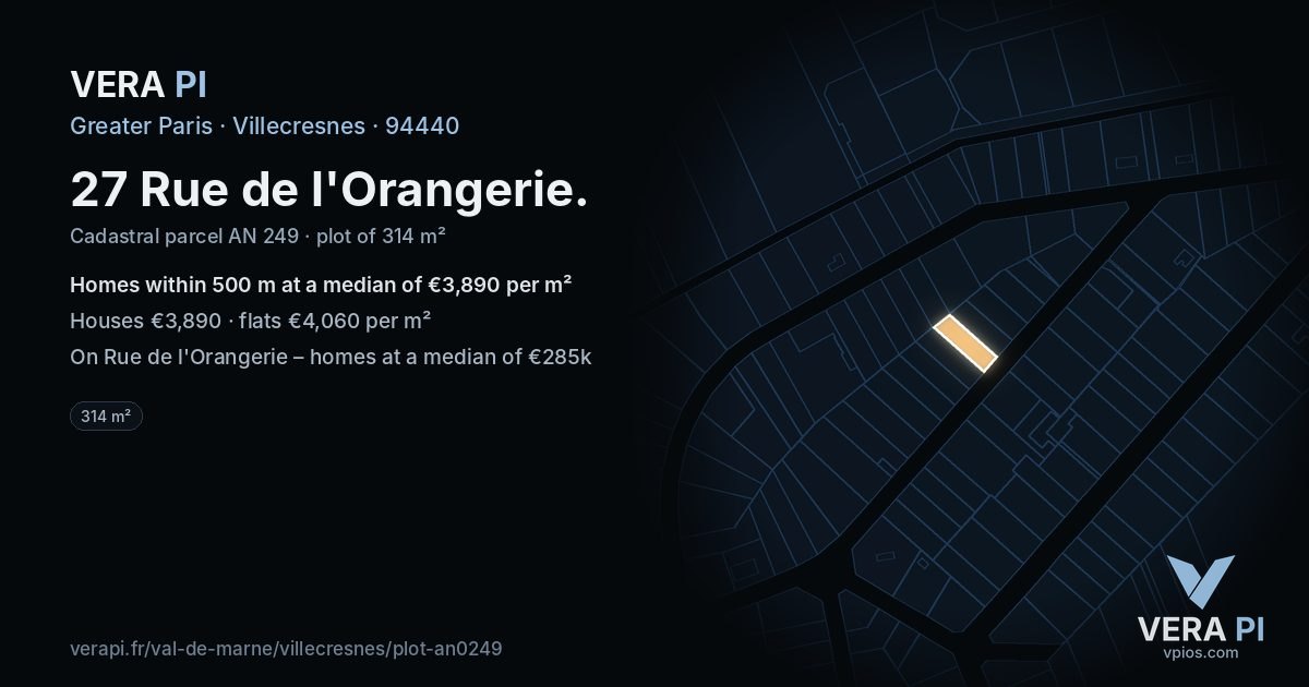 27 Rue de l'Orangerie, Villecresnes at night – the plot lit, the parcels around coloured by the prices near them