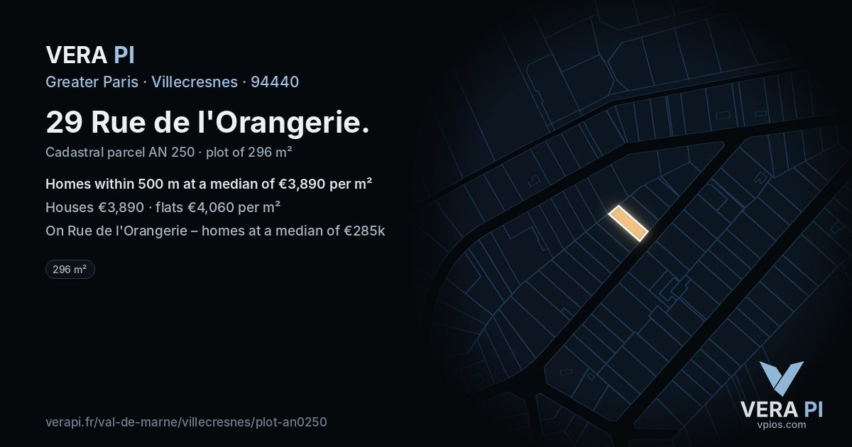 29 Rue de l'Orangerie, Villecresnes at night – the plot lit, the parcels around coloured by the prices near them