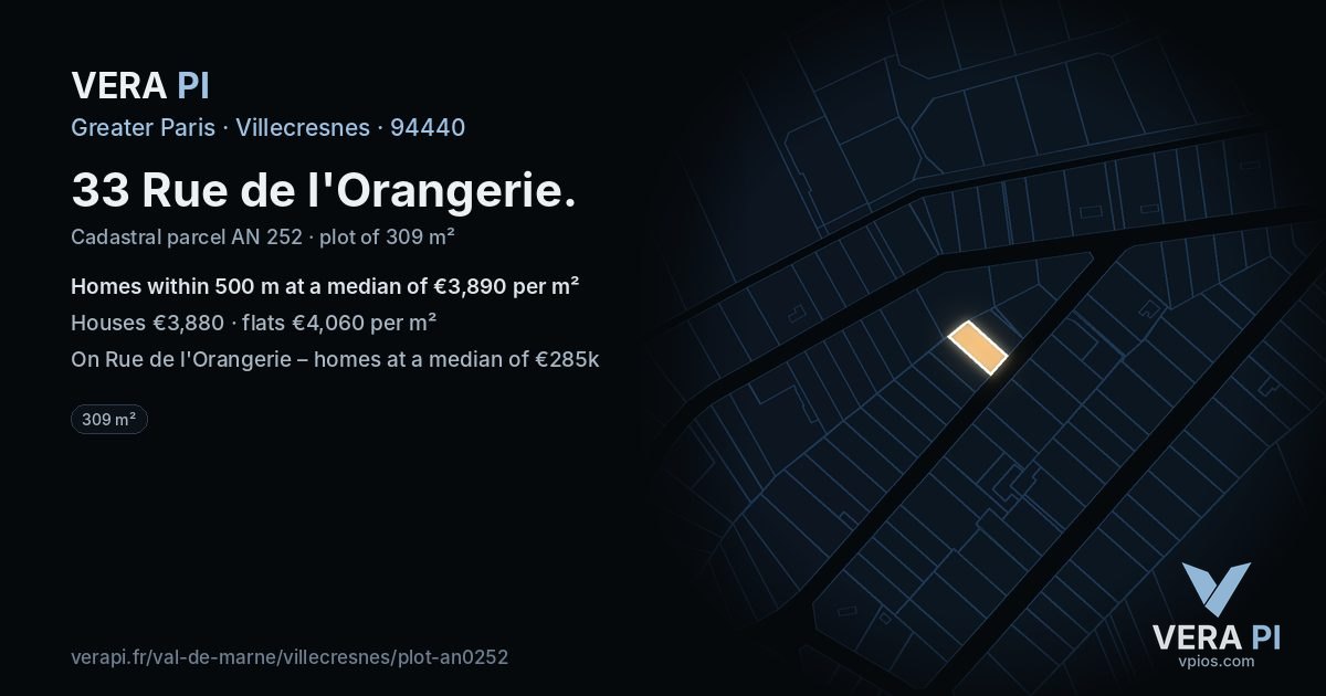 33 Rue de l'Orangerie, Villecresnes at night – the plot lit, the parcels around coloured by the prices near them