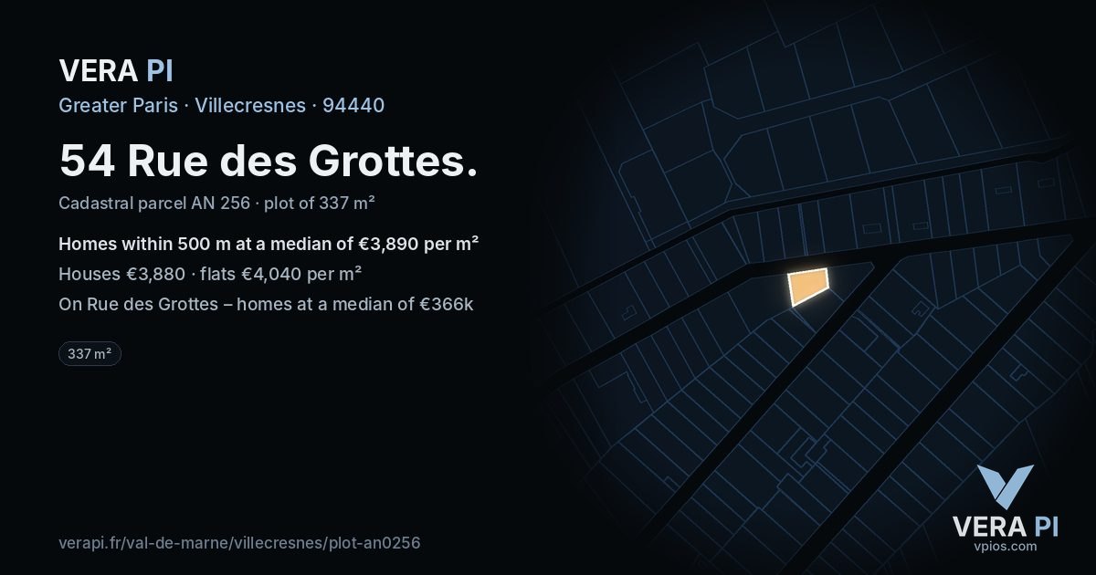 54 Rue des Grottes, Villecresnes at night – the plot lit, the parcels around coloured by the prices near them