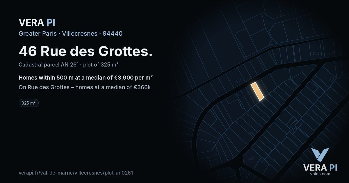 46 Rue des Grottes, Villecresnes at night – the plot lit, the parcels around coloured by the prices near them