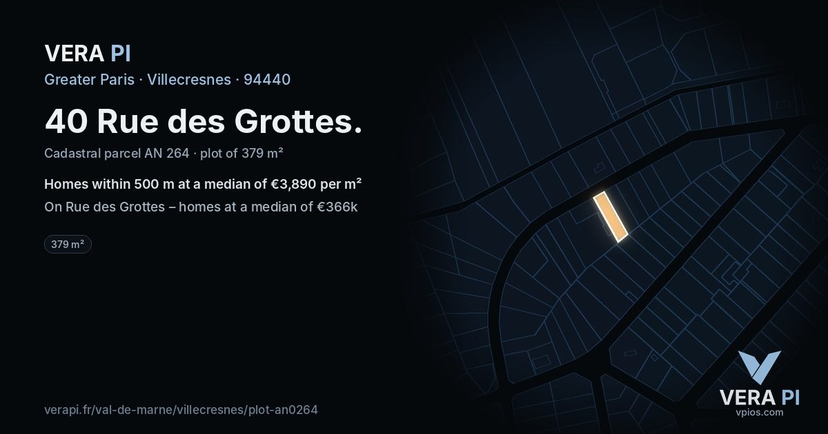 40 Rue des Grottes, Villecresnes at night – the plot lit, the parcels around coloured by the prices near them