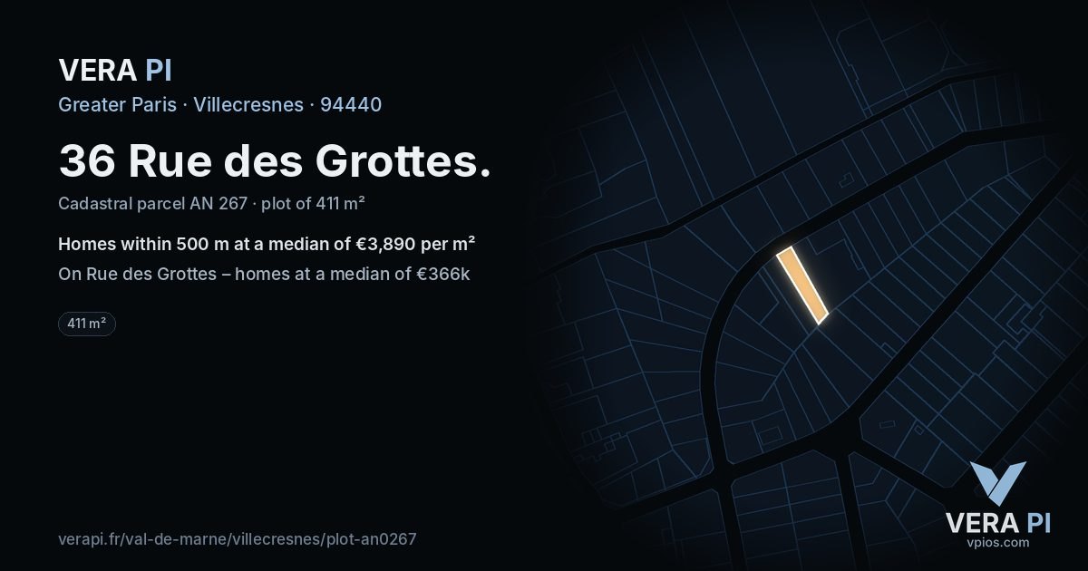 36 Rue des Grottes, Villecresnes at night – the plot lit, the parcels around coloured by the prices near them