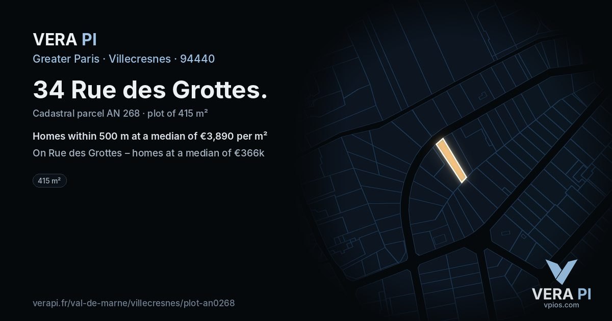 34 Rue des Grottes, Villecresnes at night – the plot lit, the parcels around coloured by the prices near them