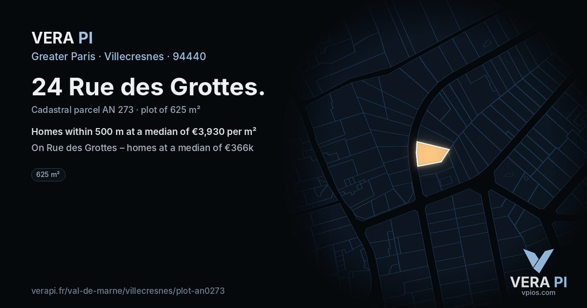 24 Rue des Grottes, Villecresnes at night – the plot lit, the parcels around coloured by the prices near them