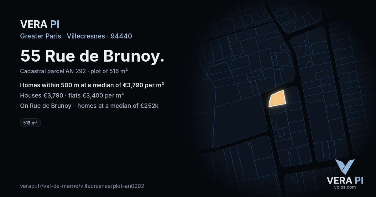 55 Rue de Brunoy, Villecresnes at night – the plot lit, the parcels around coloured by the prices near them