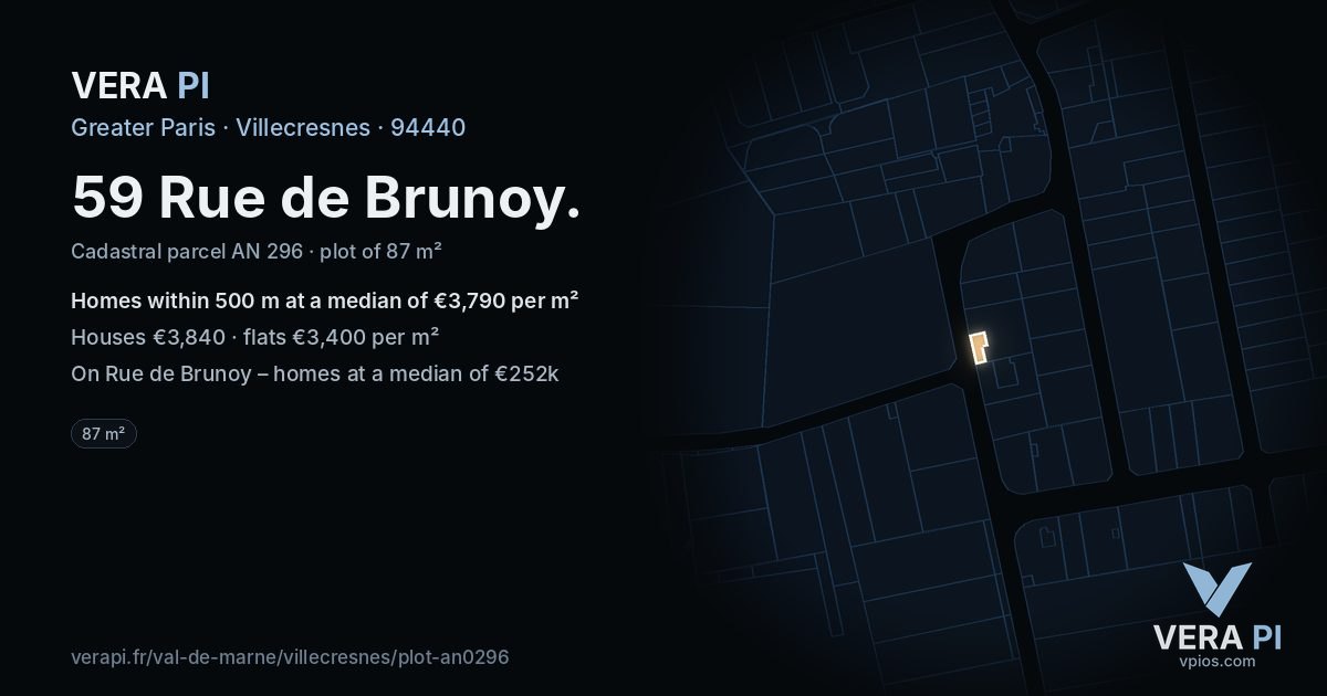 59 Rue de Brunoy, Villecresnes at night – the plot lit, the parcels around coloured by the prices near them