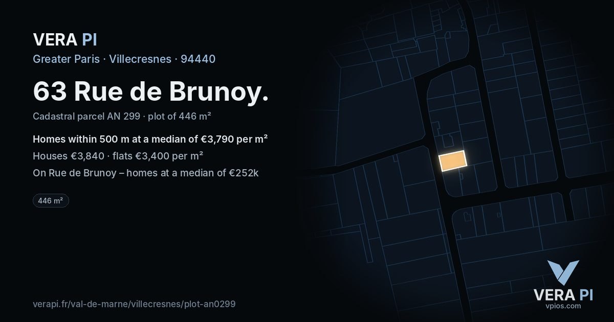 63 Rue de Brunoy, Villecresnes at night – the plot lit, the parcels around coloured by the prices near them
