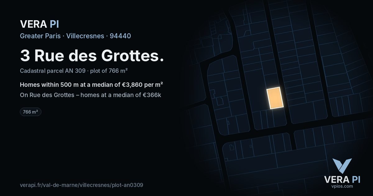 3 Rue des Grottes, Villecresnes at night – the plot lit, the parcels around coloured by the prices near them