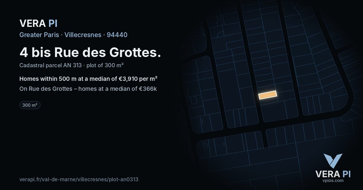 4 bis Rue des Grottes, Villecresnes at night – the plot lit, the parcels around coloured by the prices near them