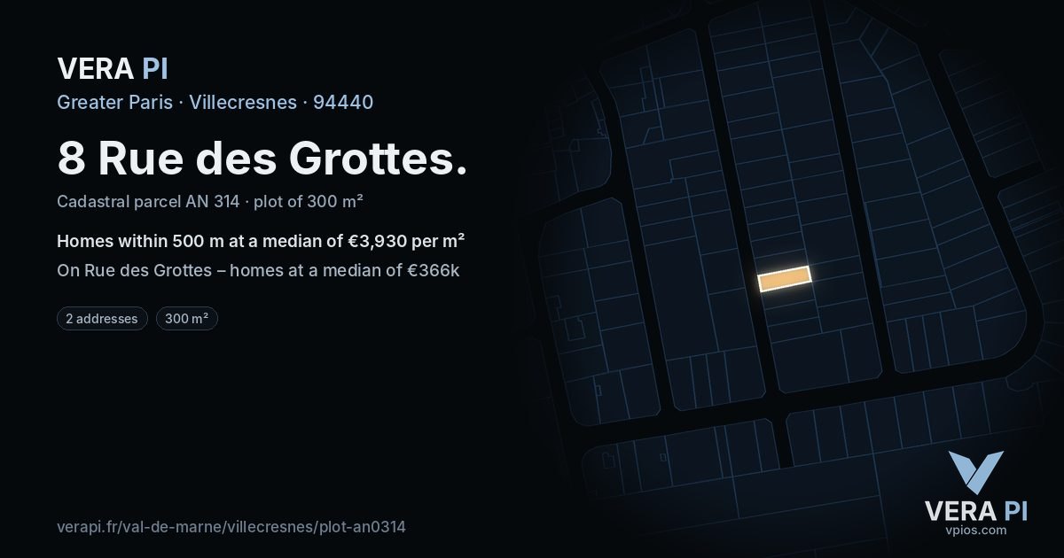 8 Rue des Grottes, Villecresnes at night – the plot lit, the parcels around coloured by the prices near them