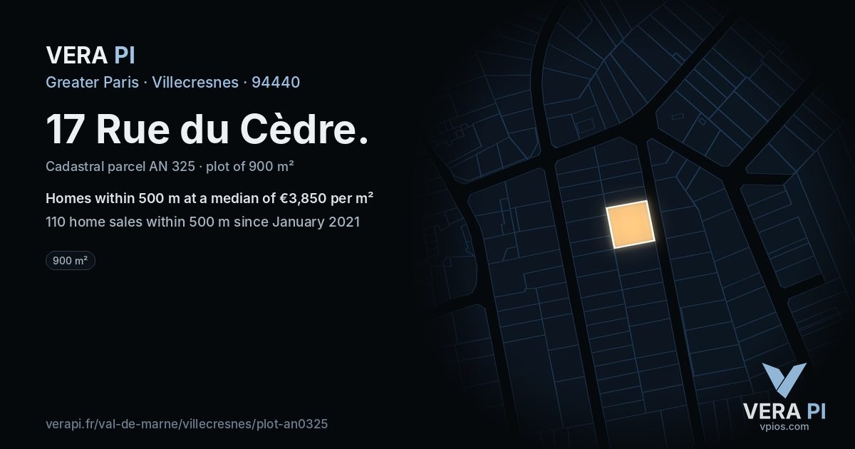 17 Rue du Cèdre, Villecresnes at night – the plot lit, the parcels around coloured by the prices near them