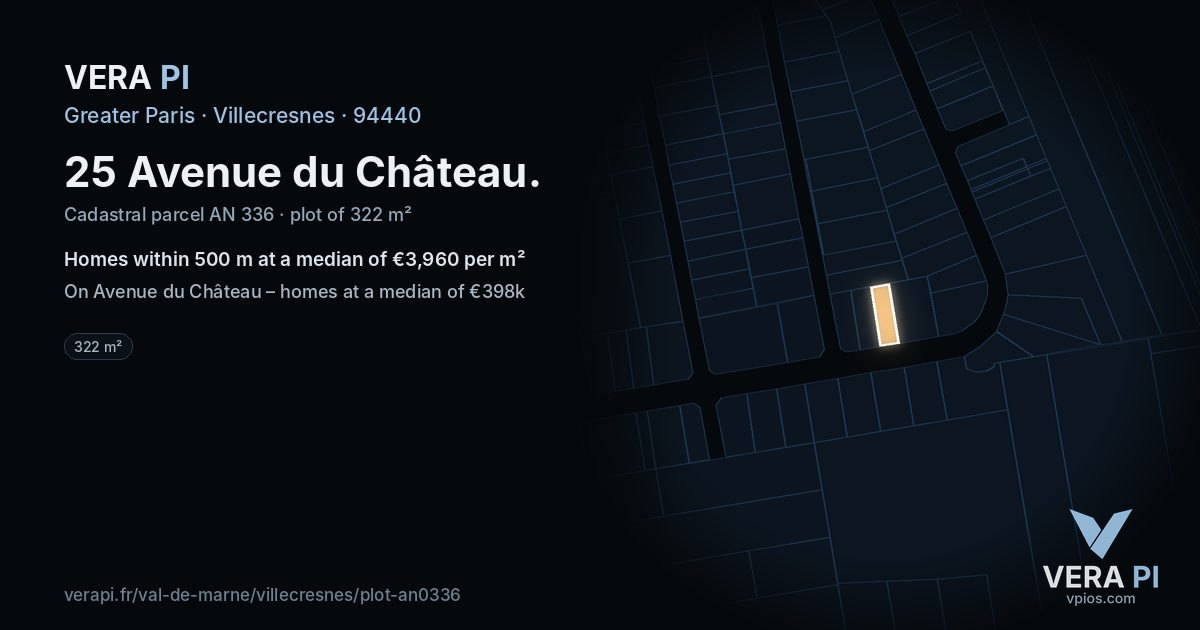 25 Avenue du Château, Villecresnes at night – the plot lit, the parcels around coloured by the prices near them