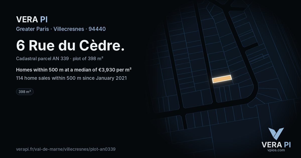 6 Rue du Cèdre, Villecresnes at night – the plot lit, the parcels around coloured by the prices near them