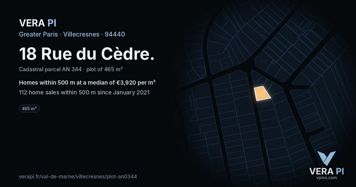18 Rue du Cèdre, Villecresnes at night – the plot lit, the parcels around coloured by the prices near them