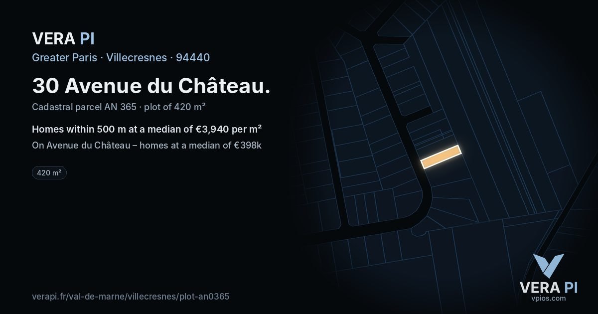 30 Avenue du Château, Villecresnes at night – the plot lit, the parcels around coloured by the prices near them
