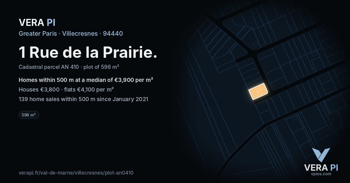 1 Rue de la Prairie, Villecresnes at night – the plot lit, the parcels around coloured by the prices near them