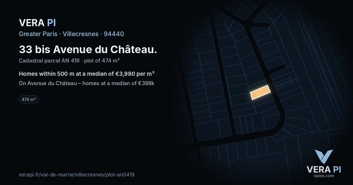 33 bis Avenue du Château, Villecresnes at night – the plot lit, the parcels around coloured by the prices near them
