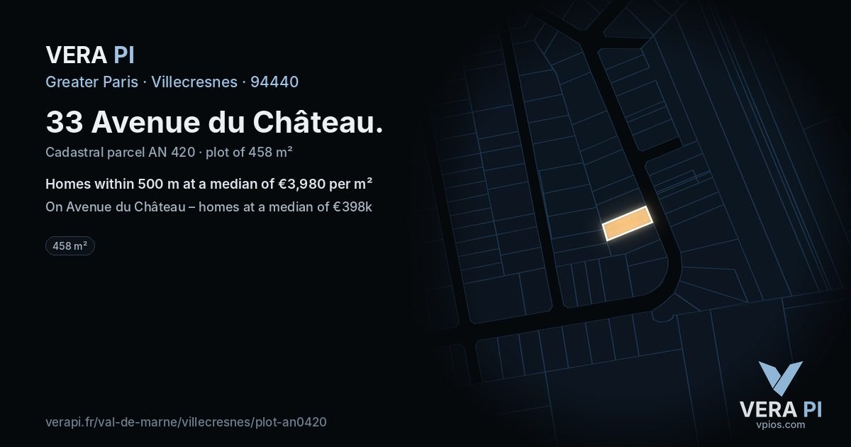33 Avenue du Château, Villecresnes at night – the plot lit, the parcels around coloured by the prices near them