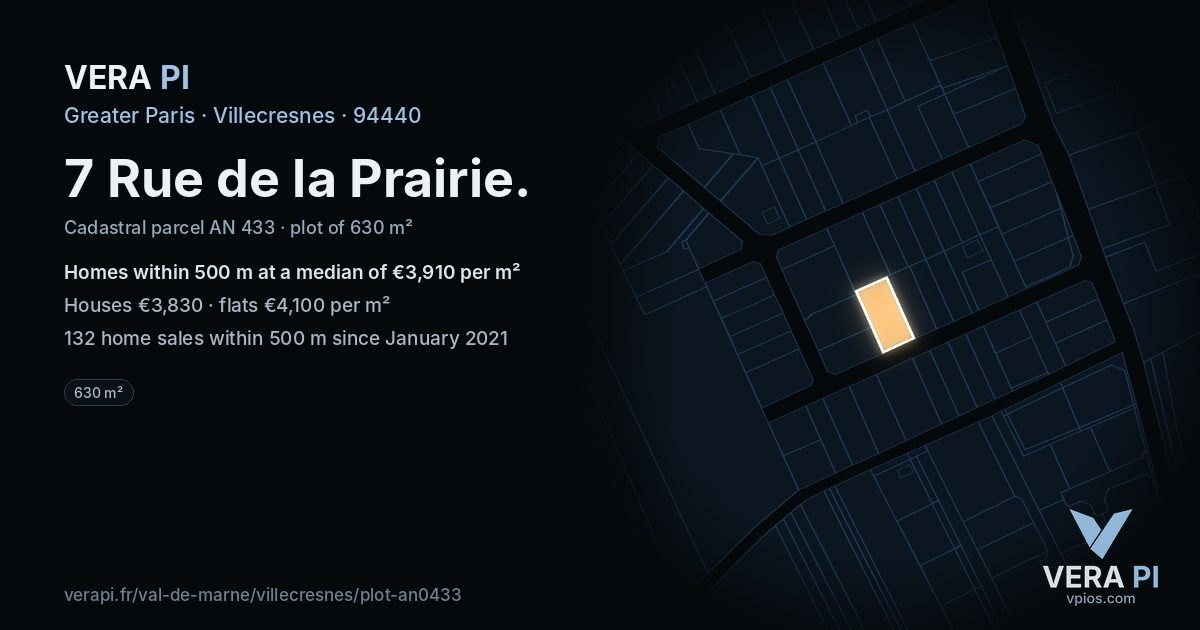 7 Rue de la Prairie, Villecresnes at night – the plot lit, the parcels around coloured by the prices near them