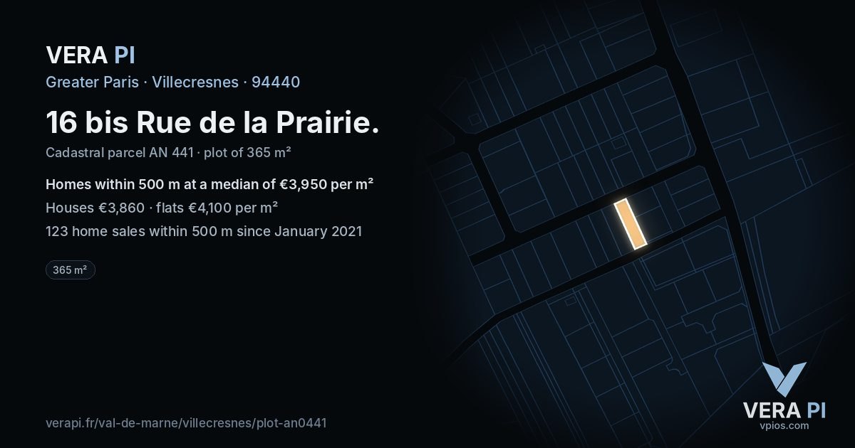 16 bis Rue de la Prairie, Villecresnes at night – the plot lit, the parcels around coloured by the prices near them
