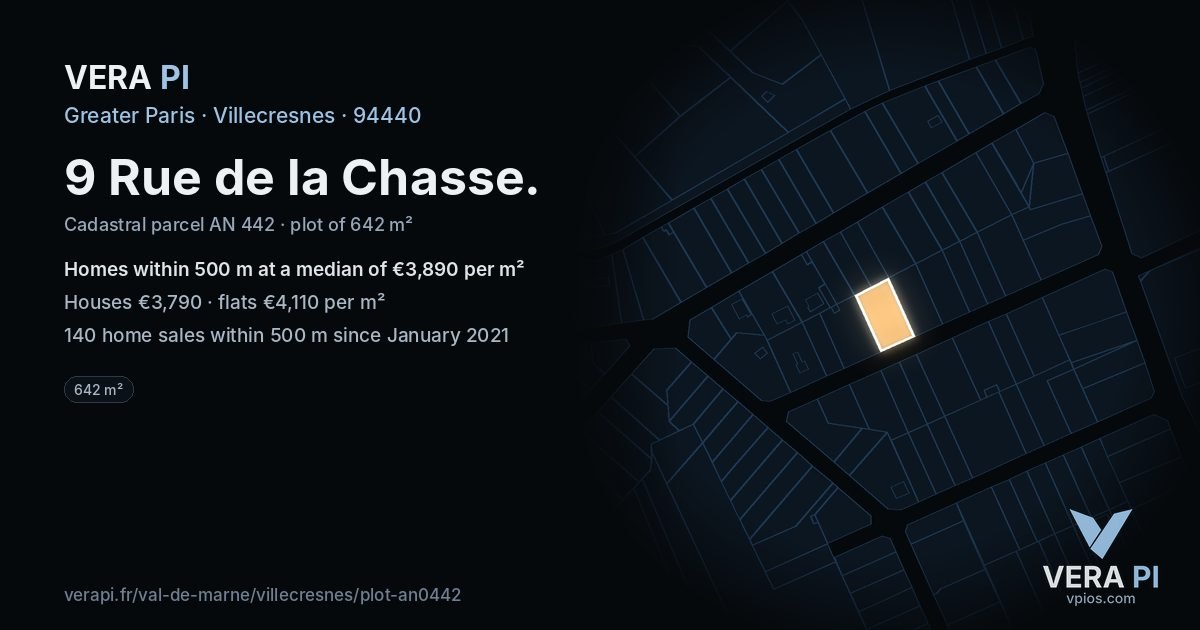 9 Rue de la Chasse, Villecresnes at night – the plot lit, the parcels around coloured by the prices near them